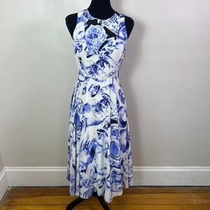 Anthropologie Leifsdottir Blue White 100% Silk Teapot Print Midi Dress Size 4